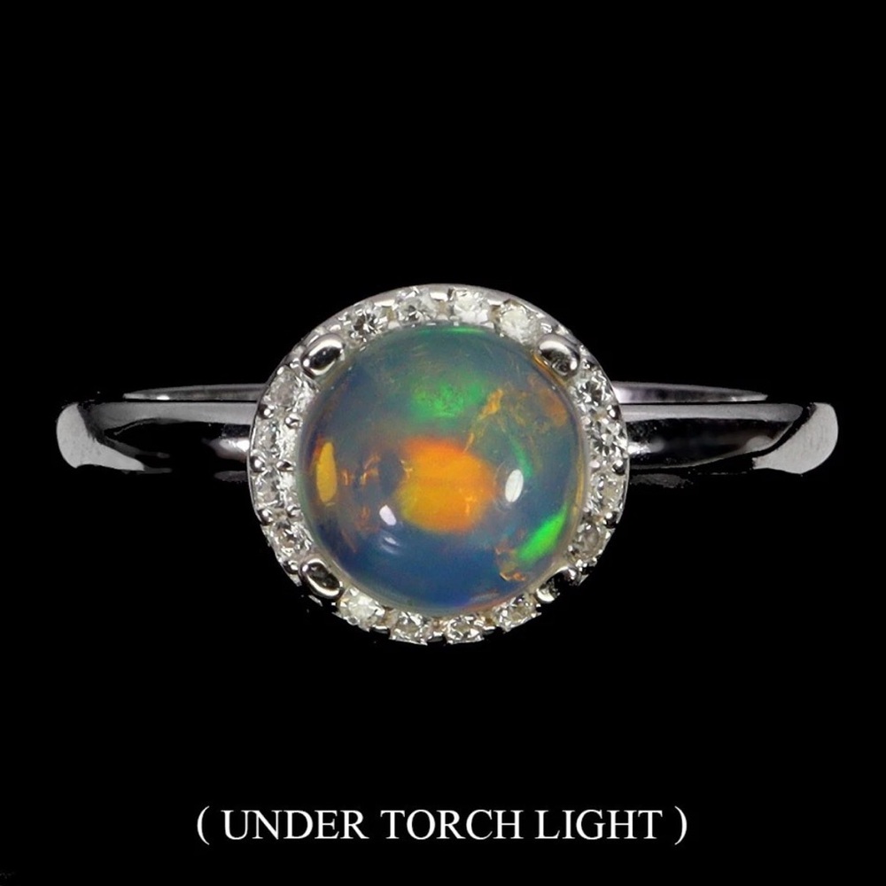 Natural 7mm Round cut Rainbow Fire Opal in 925 Sterling Silver Ring size 7.